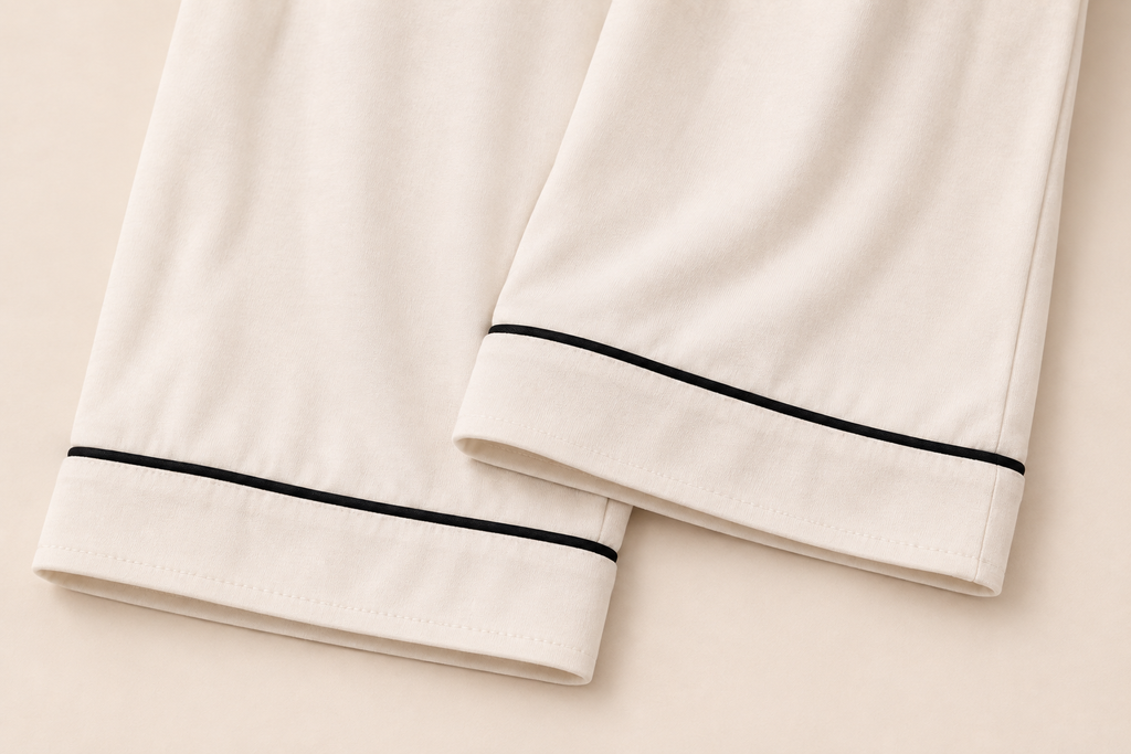 Close-up of the full-length Pearl pyjama trousers and black piped hems