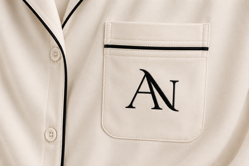 Garment detail showing narrow black piping and the intertwined AN pocket monogram