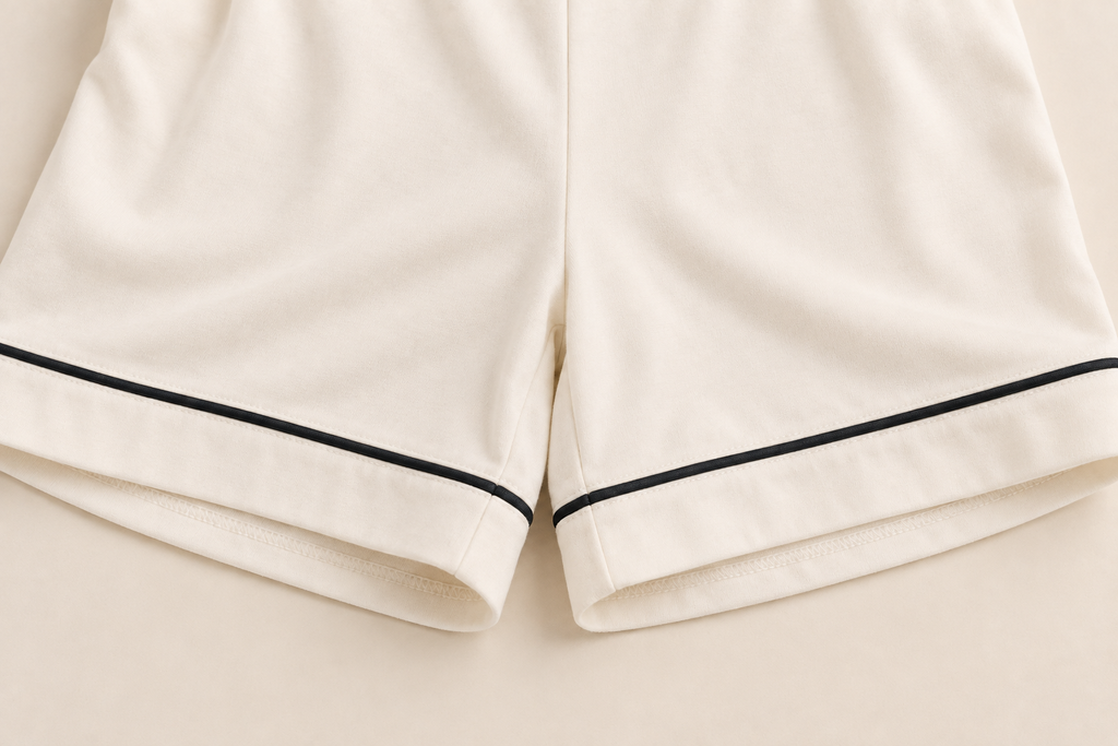 Close-up of the Pearl pyjama shorts and black piped hems