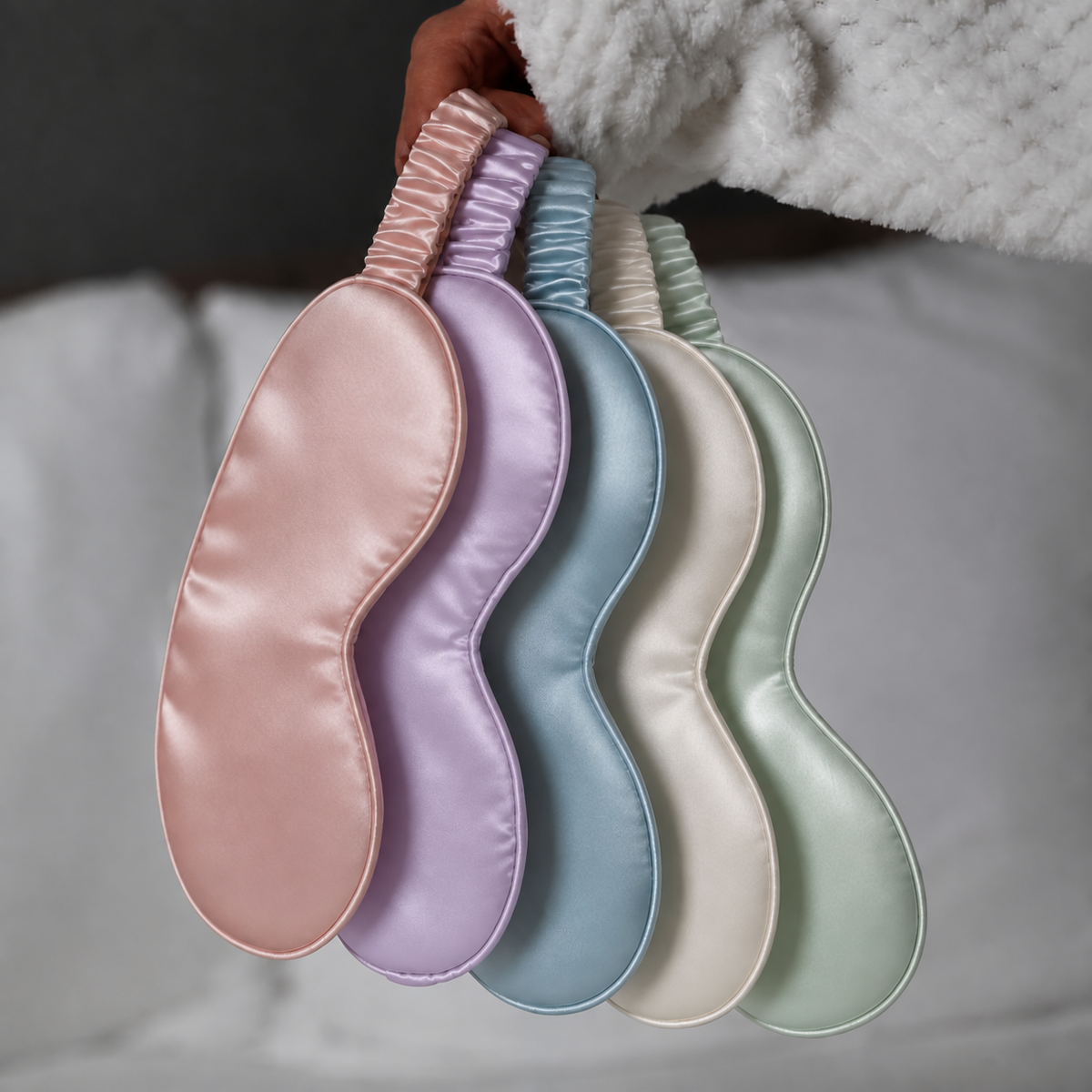 ANELA mulberry silk eye masks held together in Blush, Periwinkle, Blue Haze, Pearl and Mint