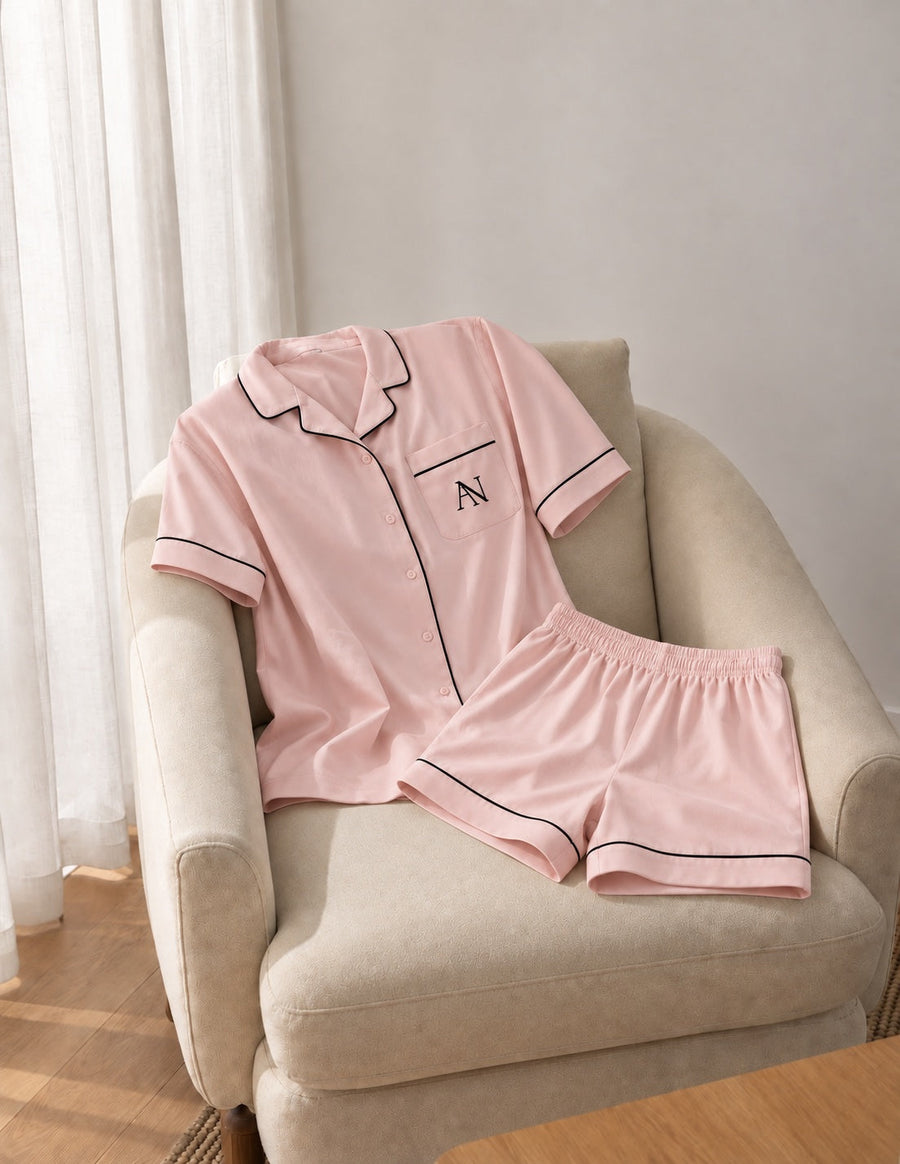 Bamboo Short Pyjama Set in Blush. Complete set with black piping and the AN pocket monogram.