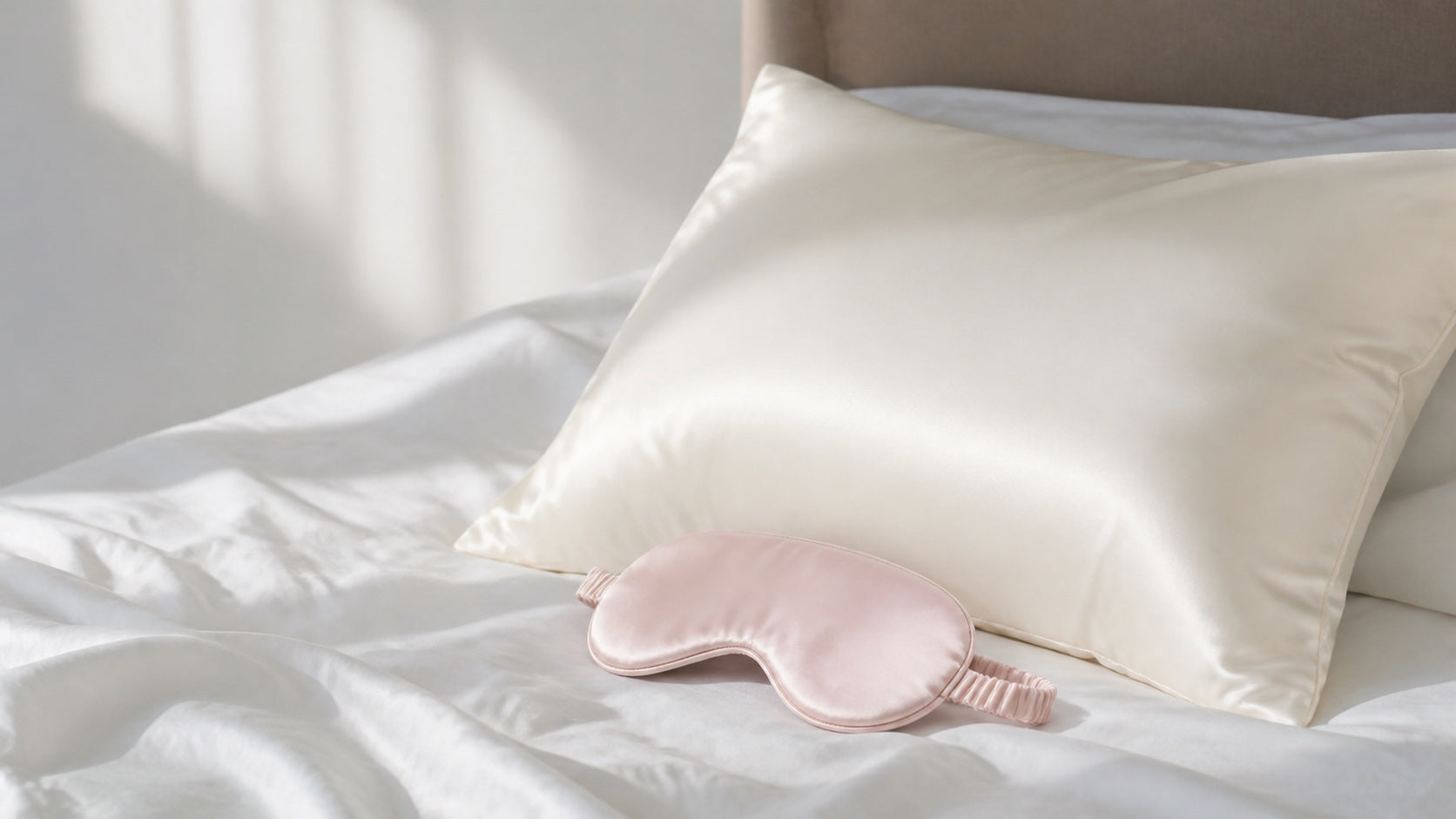 Plain blush silk eye mask beside an ivory silk pillowcase in soft morning light